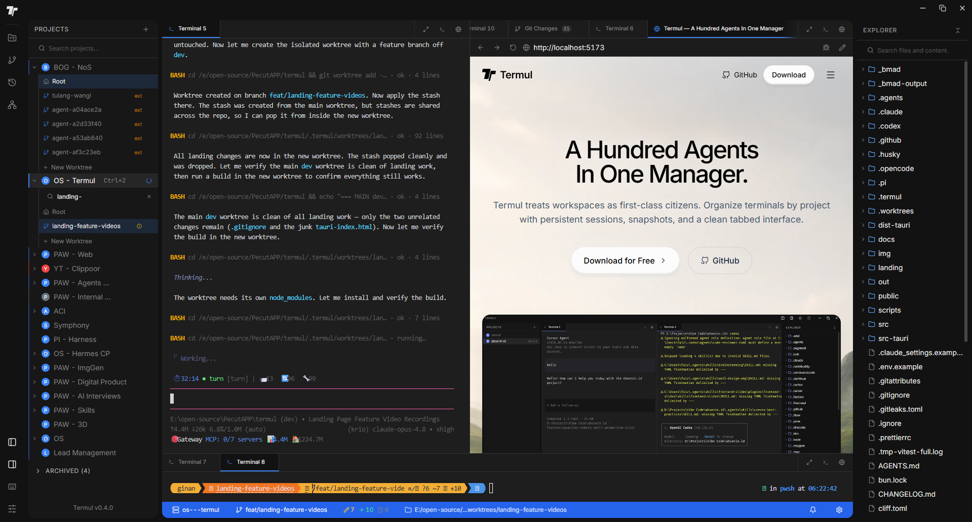Termul application with project workspaces, multiple terminals, and file explorer